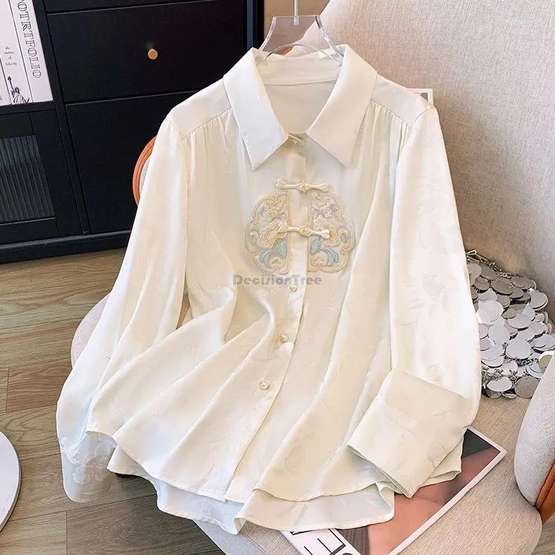 Etnische kleding 2024 Chinese retro -stijl borduurpan knop met lange mouwen Tang Suit shirt Spring Elegant Loose Hanfu Blouse Top W353