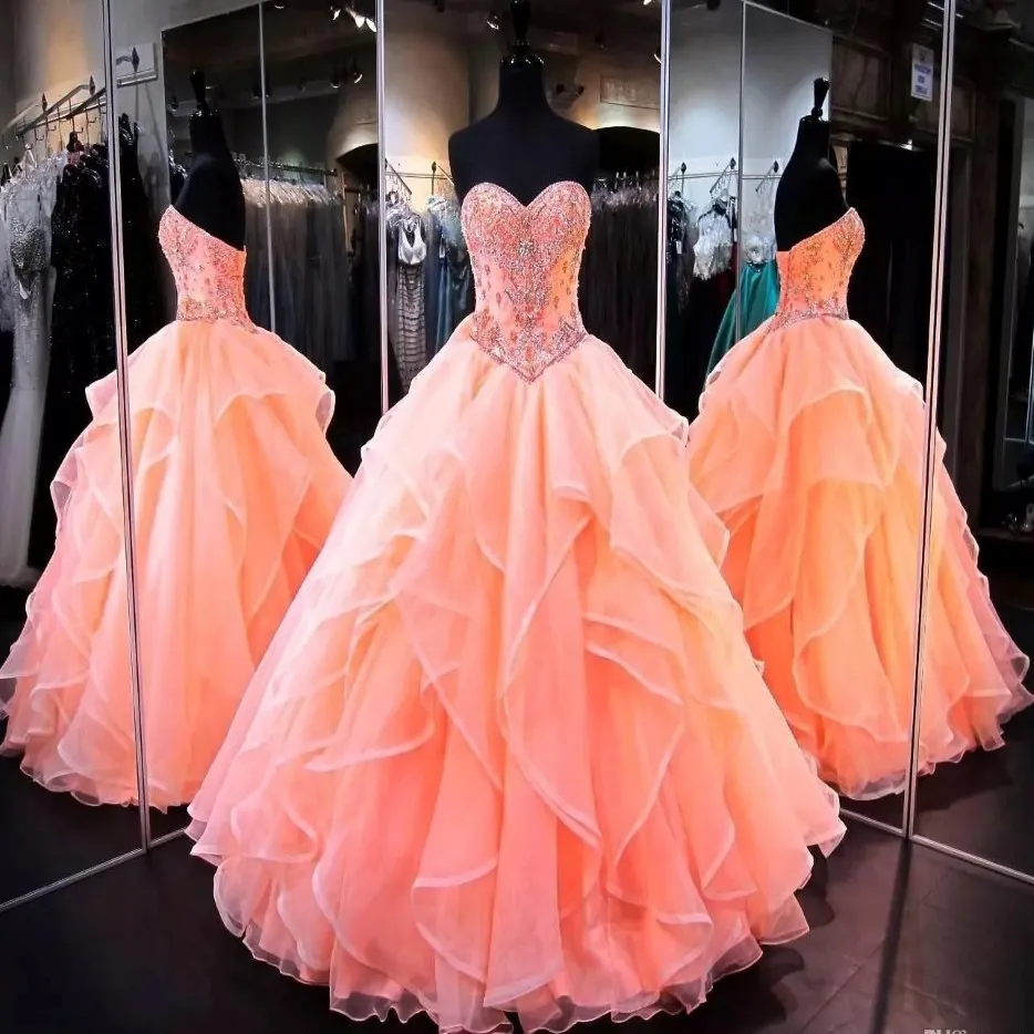 Coral Quinceanera Sukienki Sweetheart maskaradowe suknie balowe kryształowy koralik gorset organza marszek długość podłogi długa słodka 16 suknie balowe 288a