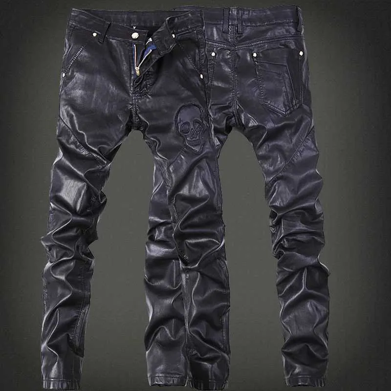 Pantalon masculin marque de mode brodé pantalon en cuir crant pour hommes dj club pantalon en cuir jogging vélo moto masque à zétre en cuir zippé pantl2405