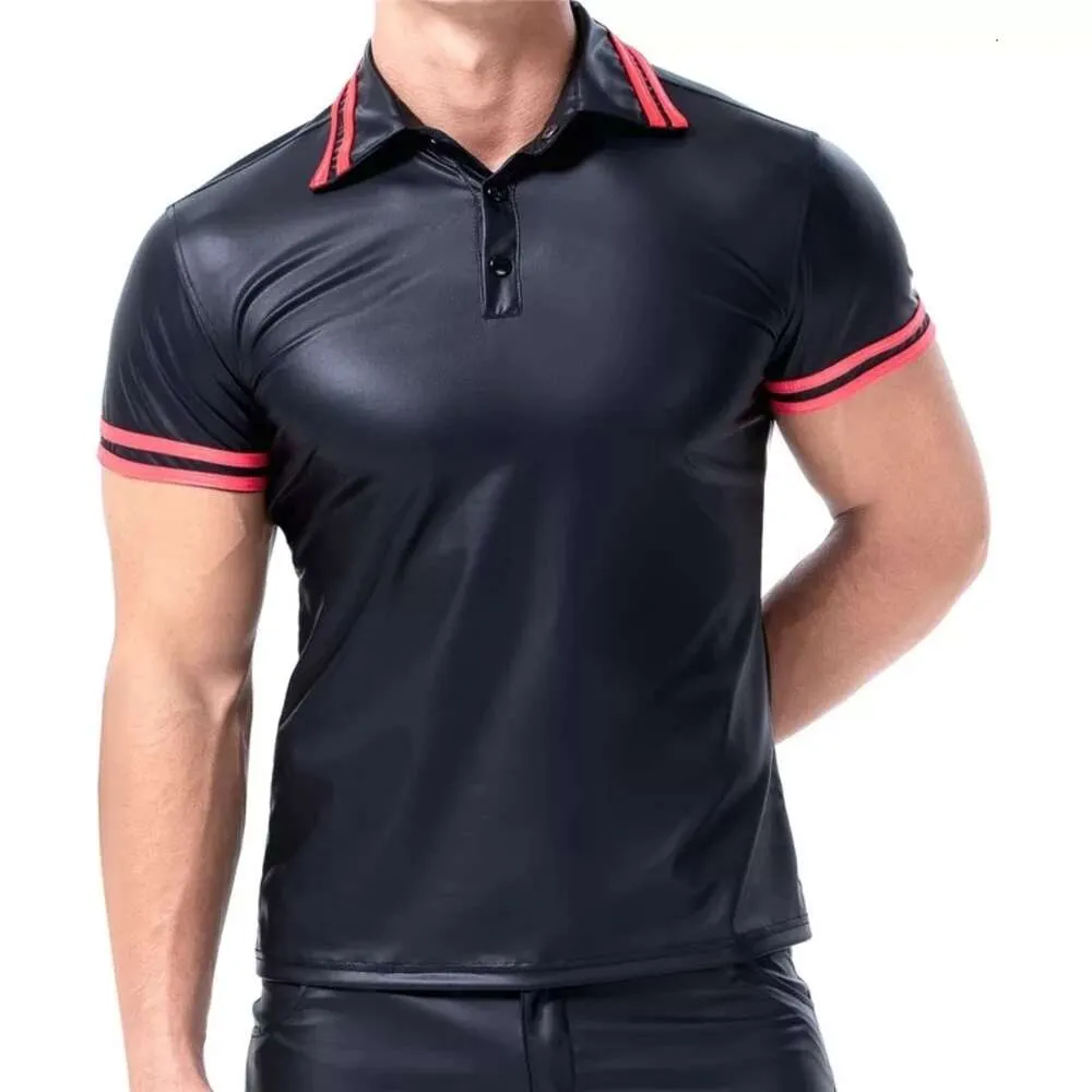 Mens Sexy Faux Short-sleeved Erotic Shaping Sheath Latex Bodycon Casual T-shirts Male Patent Leather Polo Shirt Catsuit Costumes