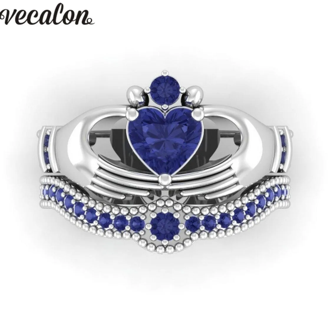 Miłośnicy Vecalon Blue Birthstone Claddagh Pierścień 5a Cyrron CZ Białe złoto wypełnione zaręczynami Pierścień Pierścień Pierścień dla kobiet Prezent 4785630