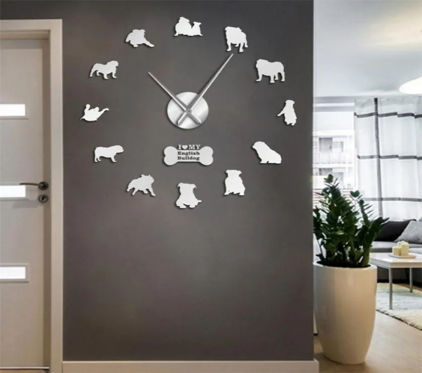 Englische Heimatkoration Britische Bulldoggen Silhouetten Kunst DIY Große Uhren Big Time Wall Clock 2103101340677