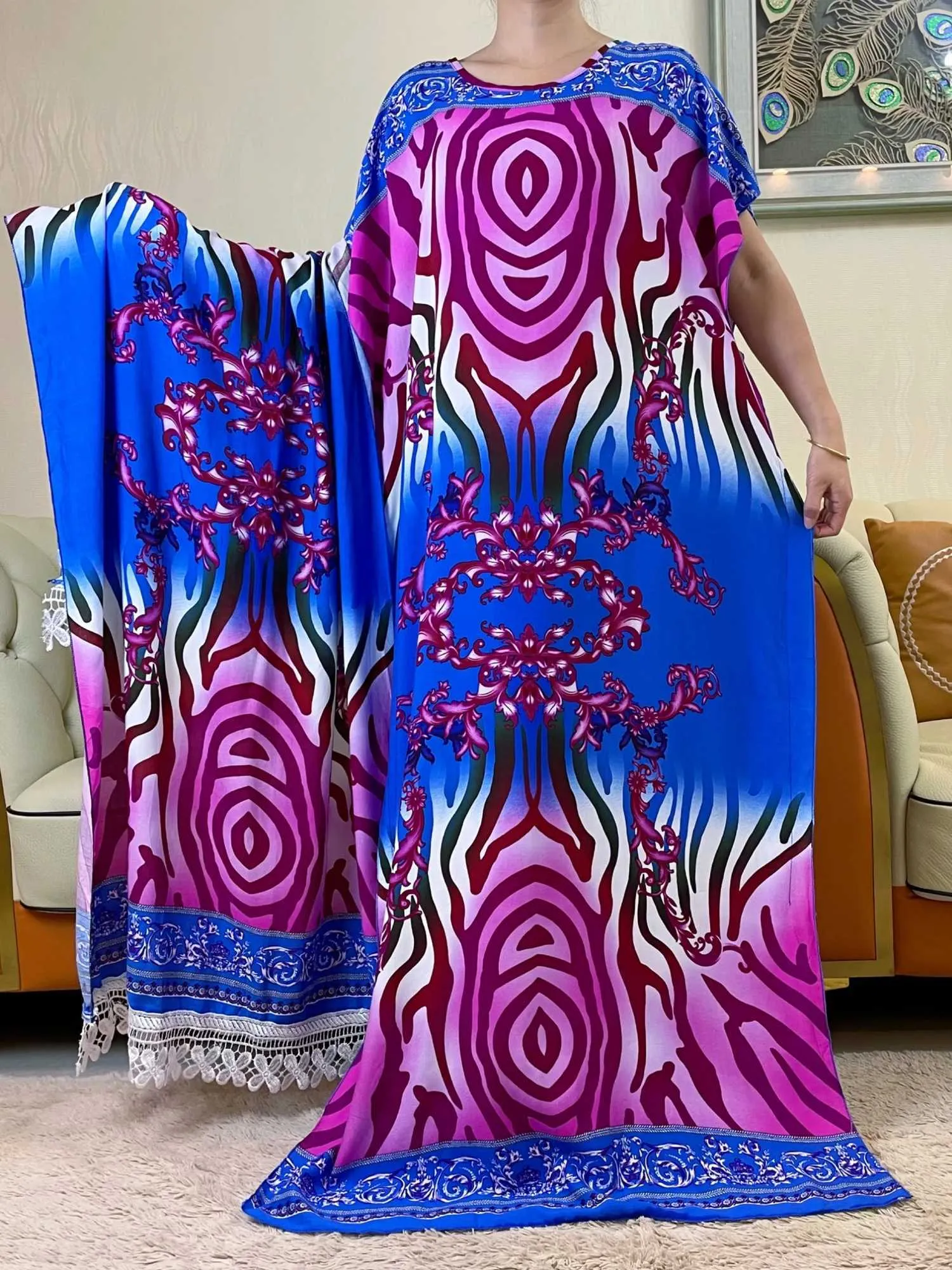 Vêtements ethniques 2023 Slve courte 2 pièces Robe africaine Big Scarf Impression florale Coton Loose Caftan Lady Summer Maxi Robes décontractées Vestidos T240510