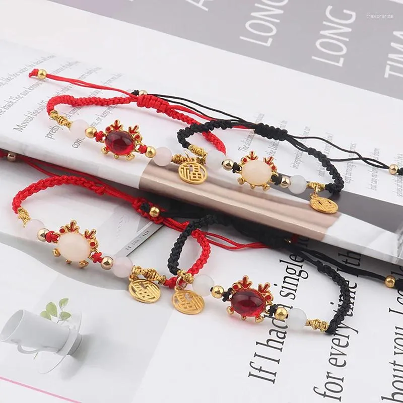 Bileklik Çin tarzı ejderha yılı bilezik zodyak şanslı kırmızı ip ayarlanabilir el yapımı mücevher hediyesi