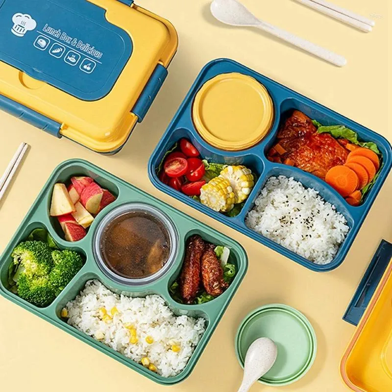 Servissrum Lunchlåda Plast Portable Lunchbox Students Office Bento Microwave Containers med pinnar Forksked