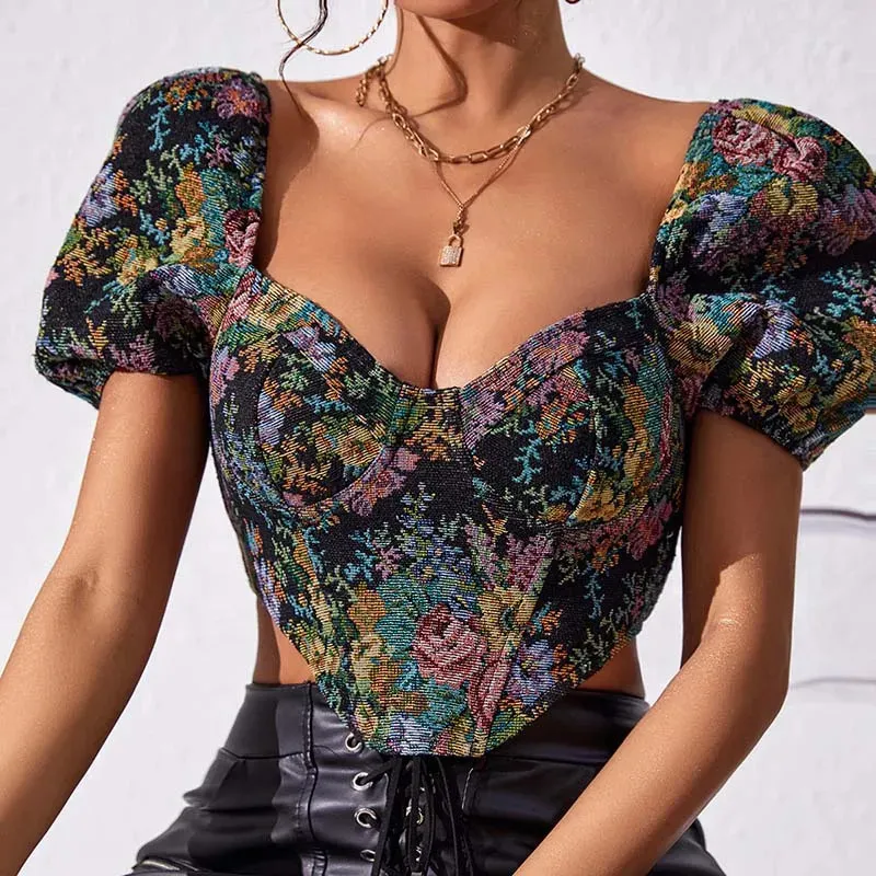 Fransk retro tät montering korsett topp bärbar sexig blommig tät montering korsett bustier skurna toppväst spetsar topp kvinnor blommor väst form gata kläder 240508