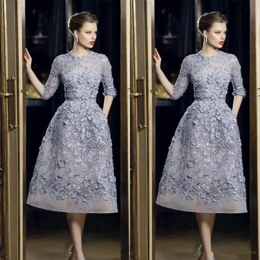 Seksowna formalna impreza sukienka celebrytów spersonalizowana Elie Saab Evening Sukienki Elegancka koronkowa aplikacja A-line suknie balowe 3 4 Herbata z długim rękawem Leng 193n