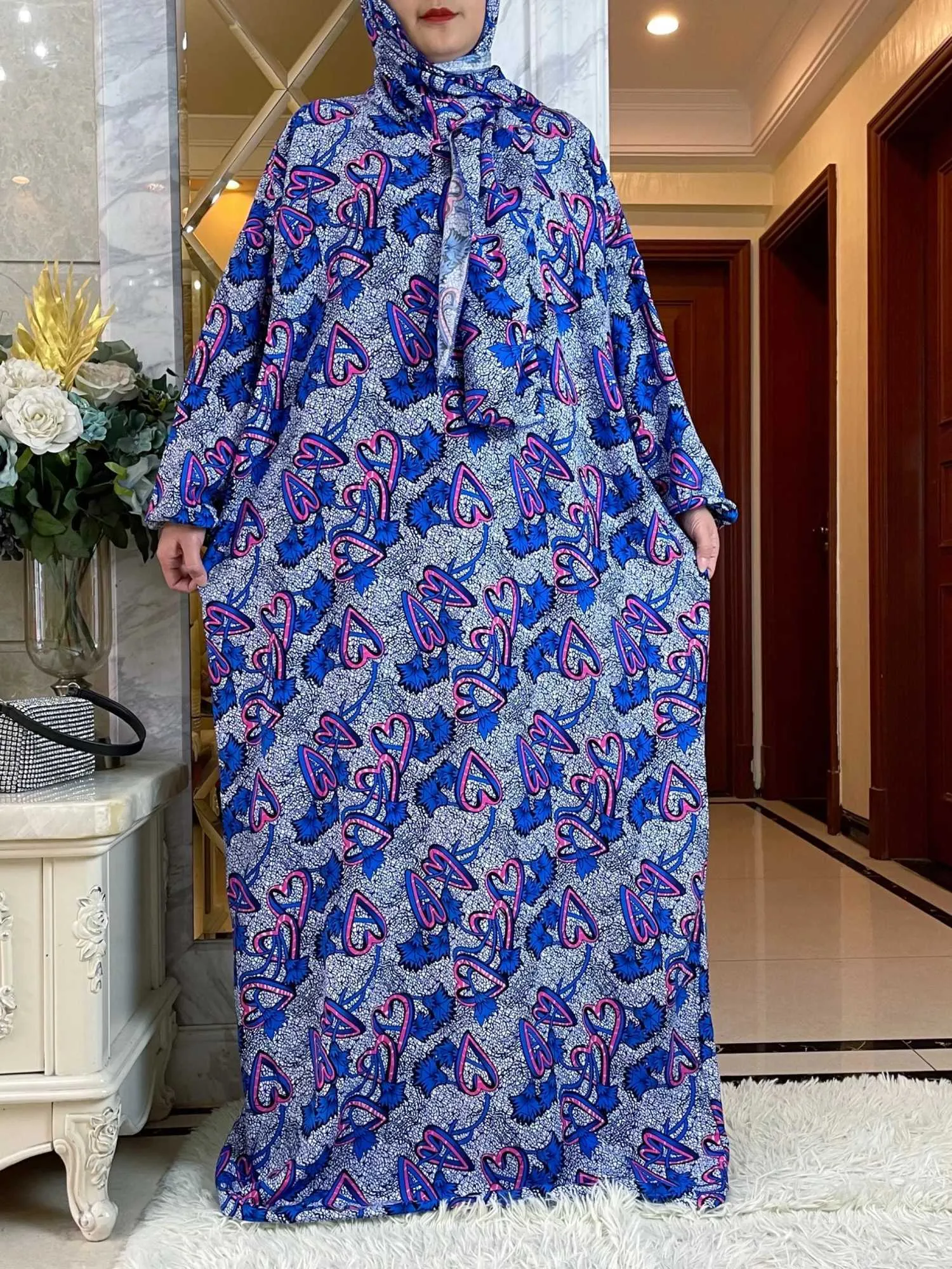 Etniska kläder Nya muslimska bomull Abayas för kvinnor Ramadan Prayer Dubai Turkiet Mellanöstern Femme Robe Floral Loose African Dress Turban Joint T240510