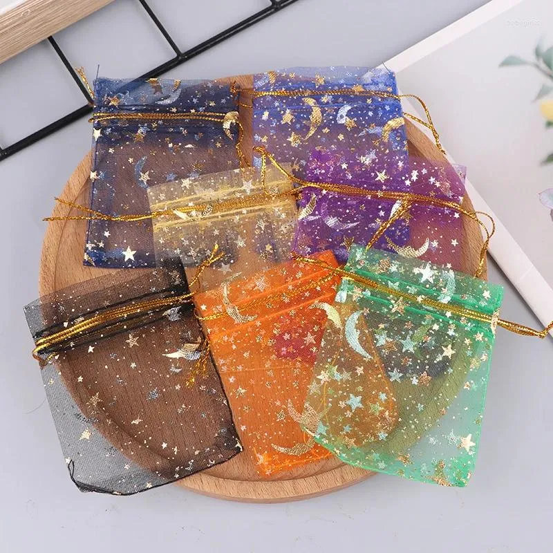 Sacs de rangement 100pcs Star Moon Organza Jewelry Tulle Sheer Sachet DrawString Gift Party Favor Sachets Organisateur 7x9cm