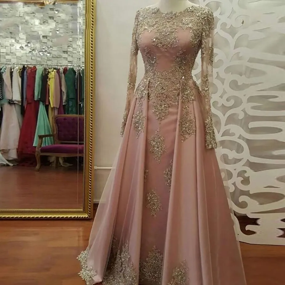 Rouge Roségold Langarm Wedi Kleider für Frauen tragen Spitzen Applikationen Crystal Abiye Dubai Cavean Muslim Hochzeitsfeierkleider 247W