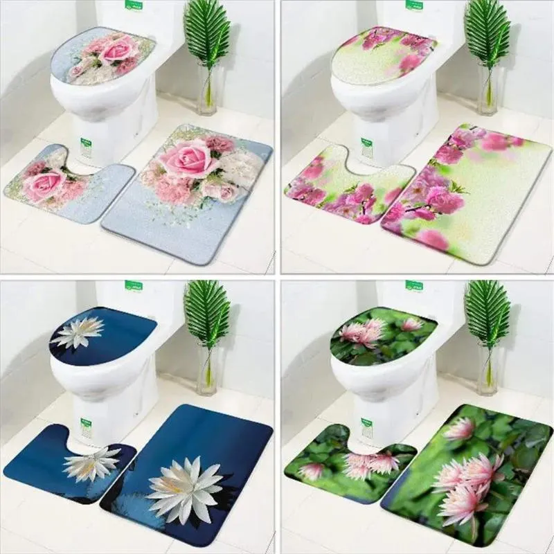 Chattes de bain Mat à fleurs Ensemble rouge fraîche fleur de terrain jardin plante salon chambre chambre non gliptorat couvercle de toilette