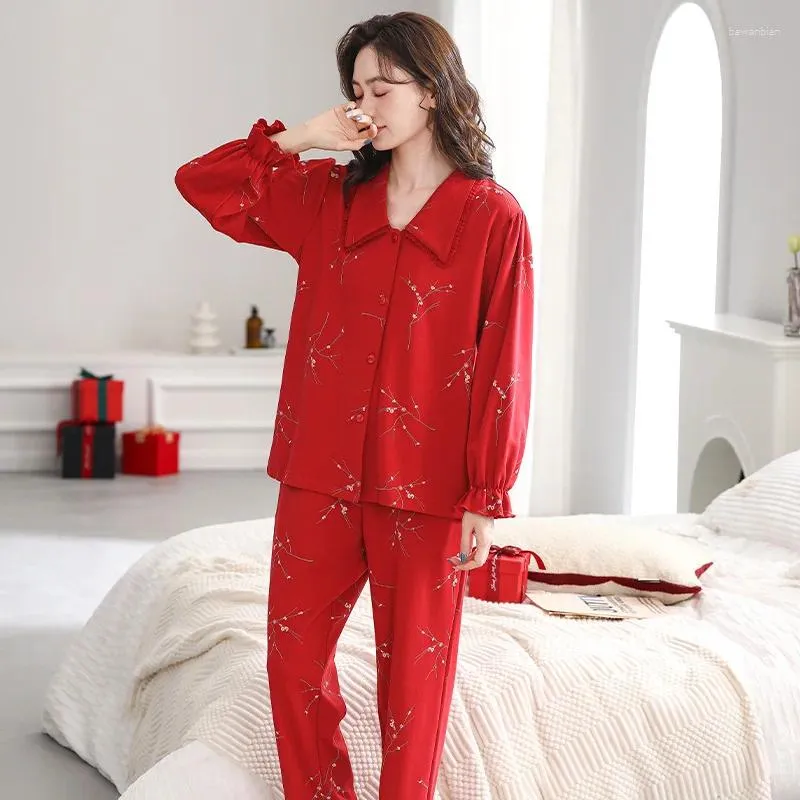 Home Clothing Red Pajamas Women's Spring And Autumn Pure Cotton Long Sleeved Pants Benmingnian Middle-aged Young Mothers Clothi