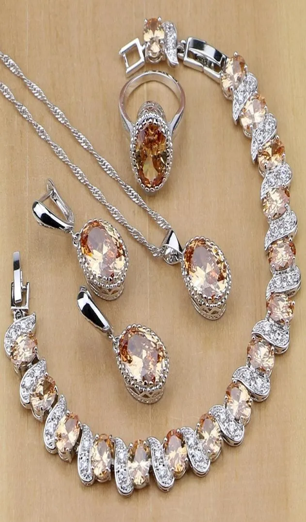 925 Sterling Silver Bridal Jewelry Champagne Zircon Zircon مجموعات للنساء Earringspendantnecklaceringsbracelet T1907054800471
