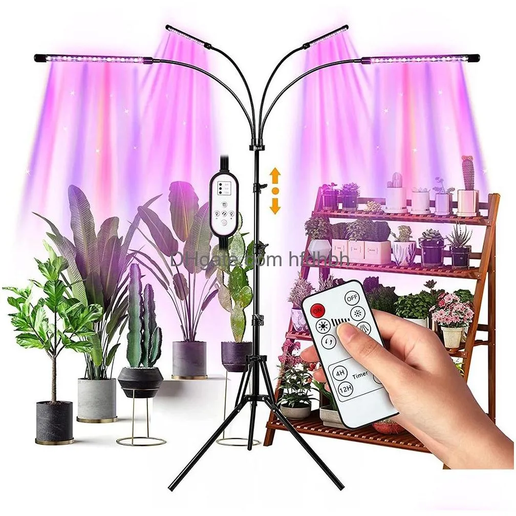 Luci di coltivazione LED 4 teste piante interne FL Spectrum FL LIGHT TRIPIOD REGOLABILE STAND PIERO 4/8/12H Timer con caduta di controllo Remoto consegna DHFH1