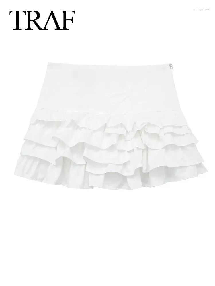 Jupes Fashion féminine vintage blanche haute taille à volants de taille 2024 éclats d'été folds mince sweet mini mujer