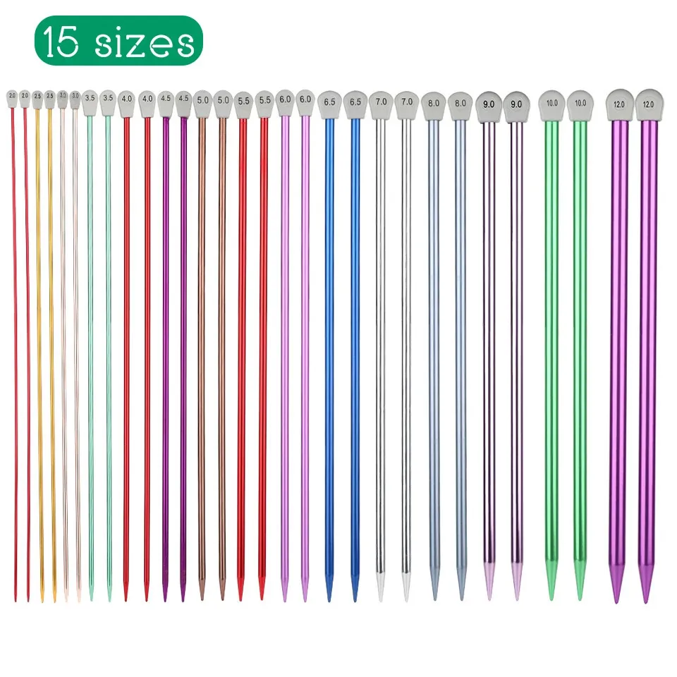 15 storlekar virkade stickor för garnväve aluminium spetsiga stickstift nålar flerfärgade stickade diy hantverksverktyg 240510