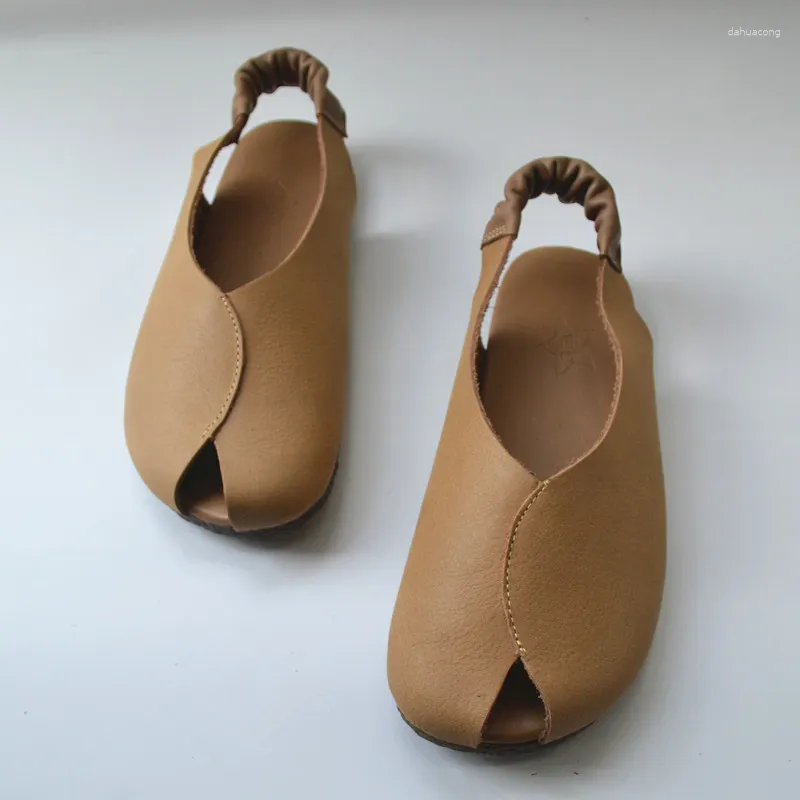 Повседневная обувь искренняя кожа Oxfords Open Toe Flats Sandals Женские ретро -артистическая ковтика мягкая подошва