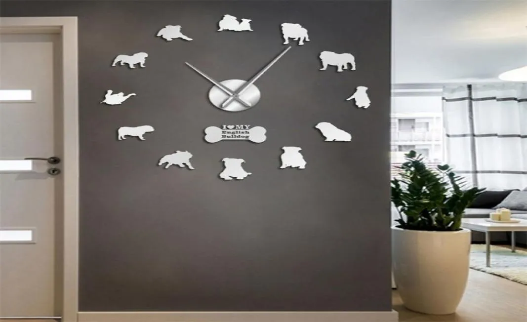 Englische Heimatkoration Britische Bulldoggen Silhouetten Kunst DIY Große Uhren Big Time Wall Clock 2103108513063