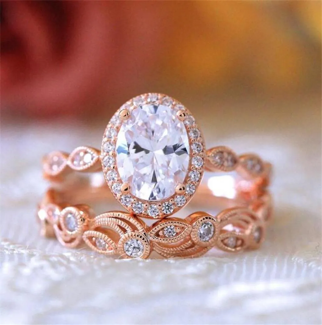 Przylot vintage biżuteria Pierścienie 925 Sterling Silverrose Gold Fill Oval Cut White Topaz CZ Diamond Women Bridal Ring Cluster9390448