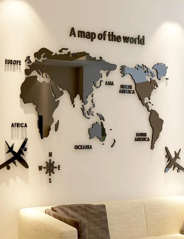Carte du monde créative Carte acrylique décorative 3D Sticker mural pour le salon Bureau de chambre à coucher 5 tailles DIY HOME Y2001036141253