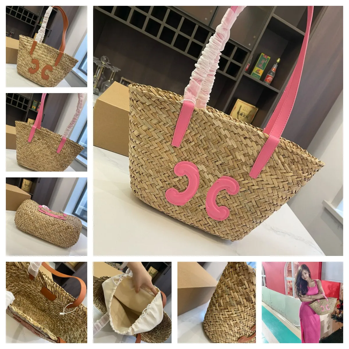 Женские пляжные сумки Crochet Straw Grass Bag Pink Brown Fashion Summer Mesh Hallow Hallow Hobo Designer Bags Vintage Crochet Fomen Casual Open Bags