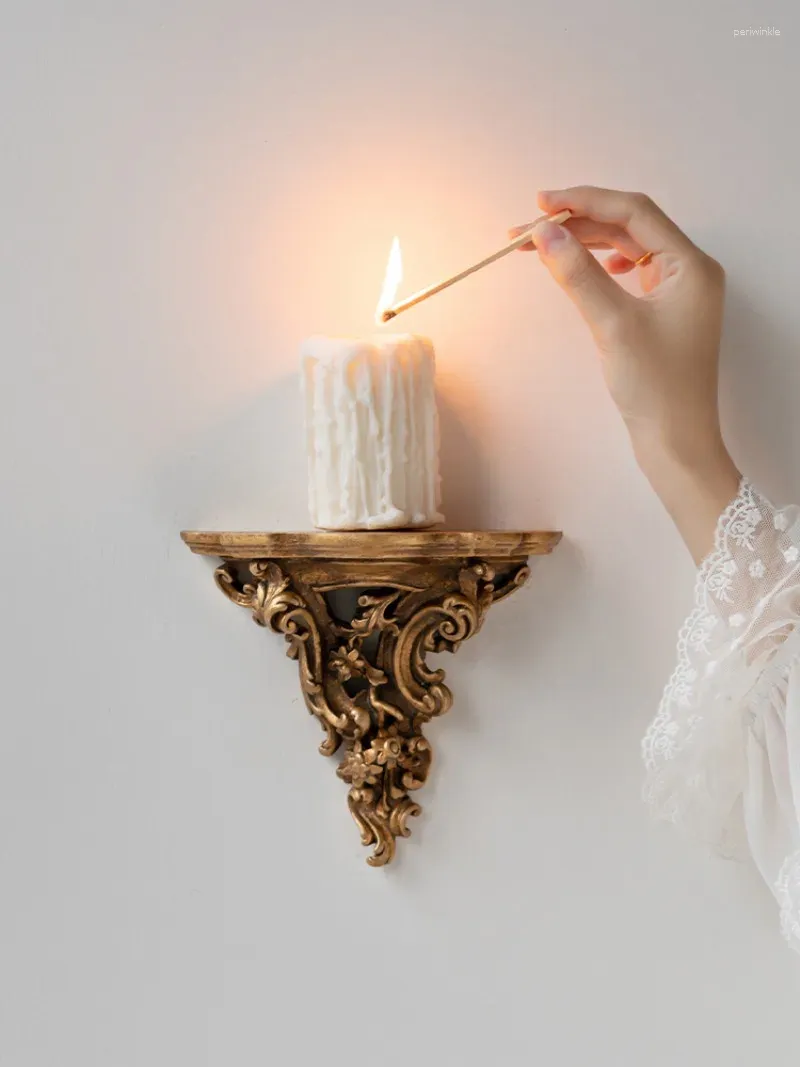 Rustic Medieval Carved Wall Shelf Candle Holder Set European Nostalgic Home Decor