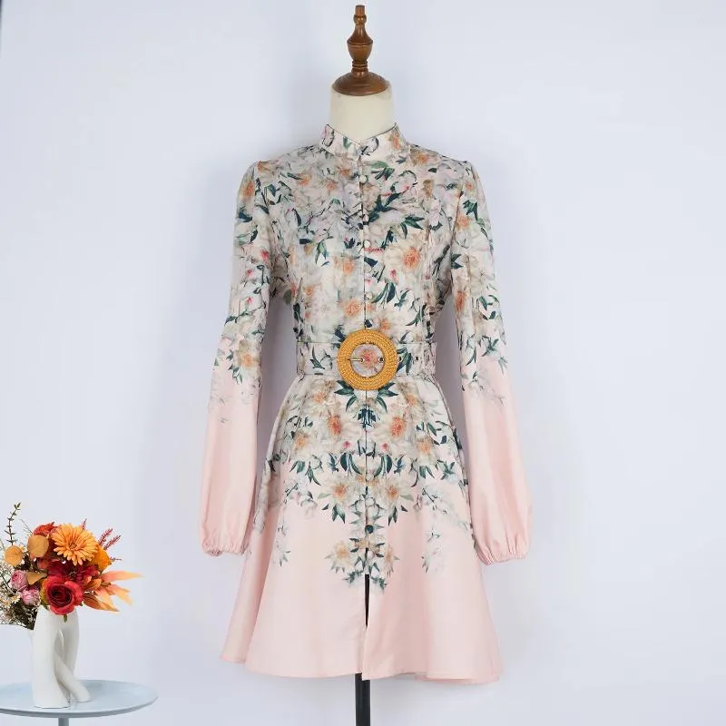 Casual jurken dames zomerjurk 2024 vintage gebroeide riem chiffon print lange mouwturtleneck hoge taille