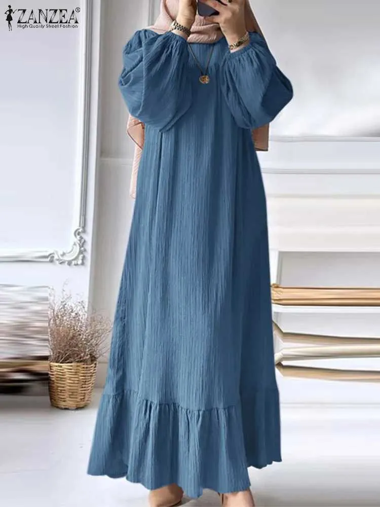 ZANZEA O Neck Long Sleeve Abaya Sundress Ruffled Muslim Maxi Dress for Women