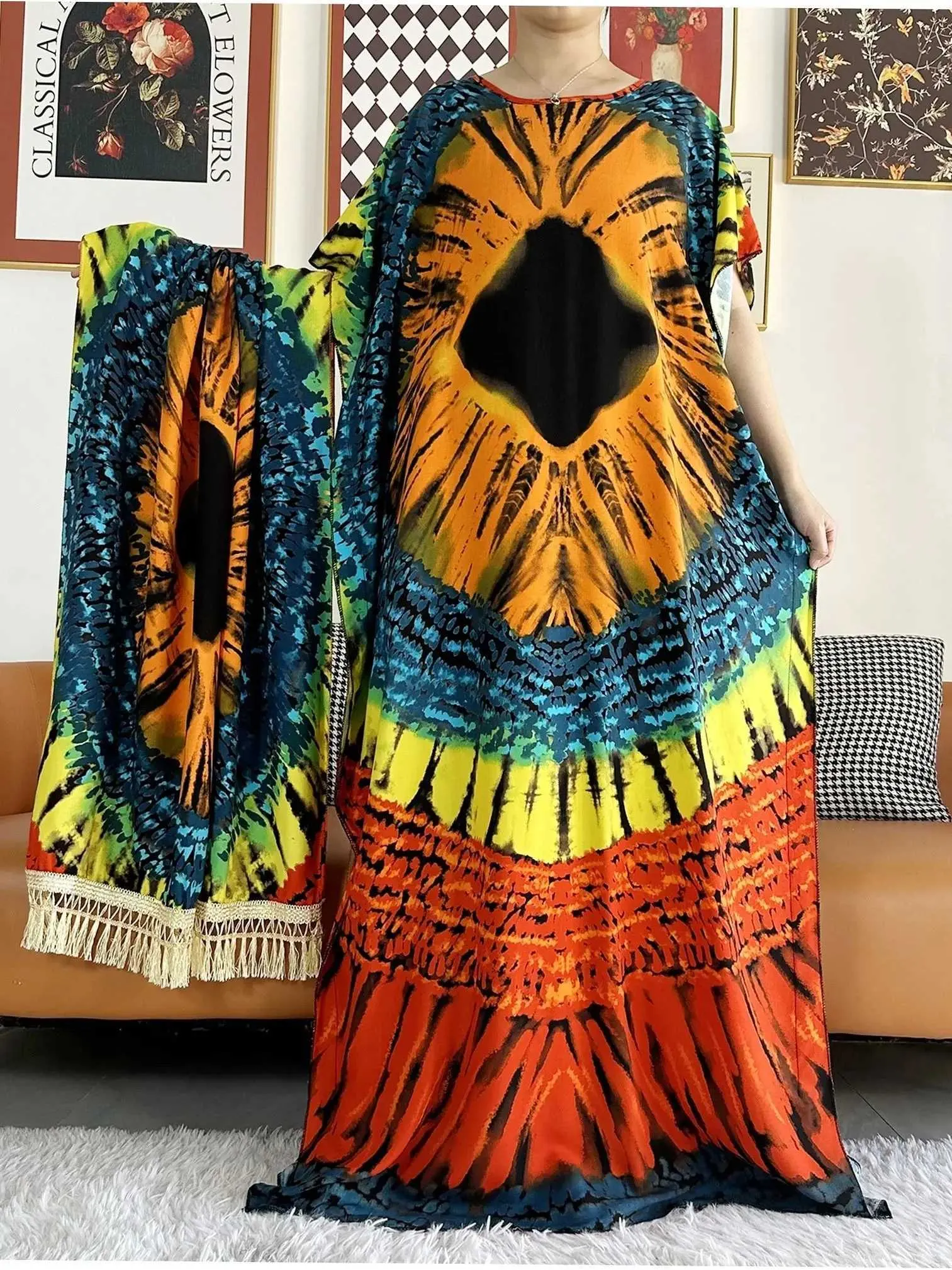 Этническая одежда 2024 Новое платье Ladys Abaya с большим шарфом африканские летние женщины короткие Slve Dashiki Printed Floral Loak Islam Cotton Clothing T240510