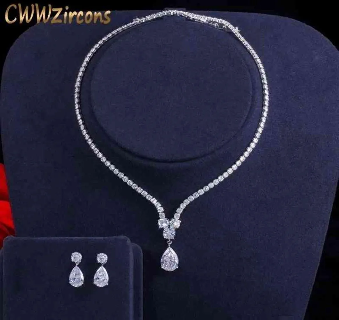 Zestawy biżuterii cwwzircons moda sześcienna cyrkonia kropla wisząca naszyjnik i kolczyki ślub ślubny dla narzeczonych imprezę T3972616596