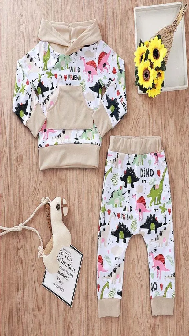 Roupa de menino de menino conjunto Carta de dinossauro Tops com capuz de panelas de twopiece Conjunto Kids Leisure Rousy Boys Boys Girl Roupos 03T 072069264