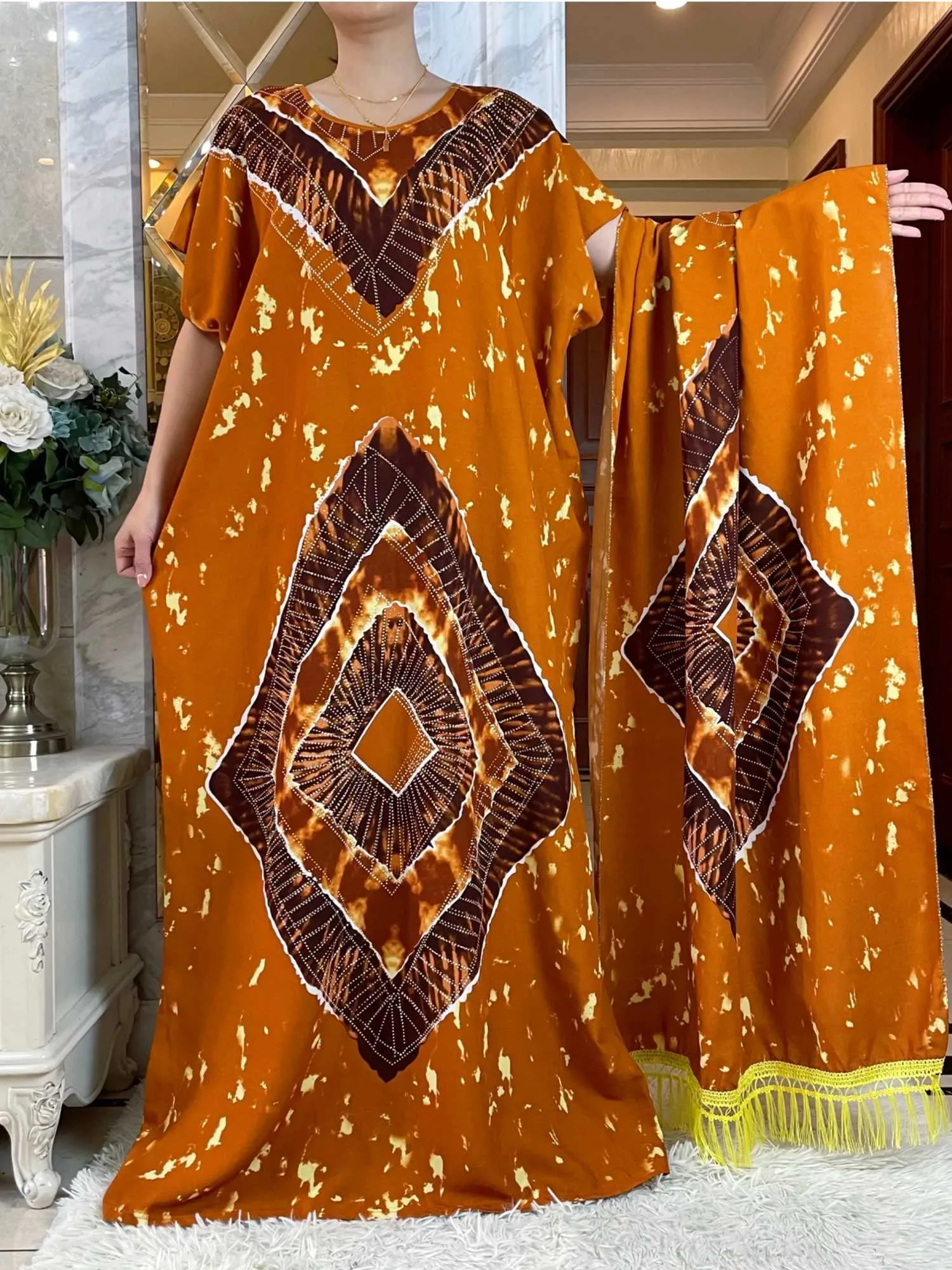 Abbigliamento etnico 2024 Nuovo abito Abaya Ladys con una grande sciarpa African Summer Women Short Slve Dashiki Stampato Florale Abbigliamento in cotone islam