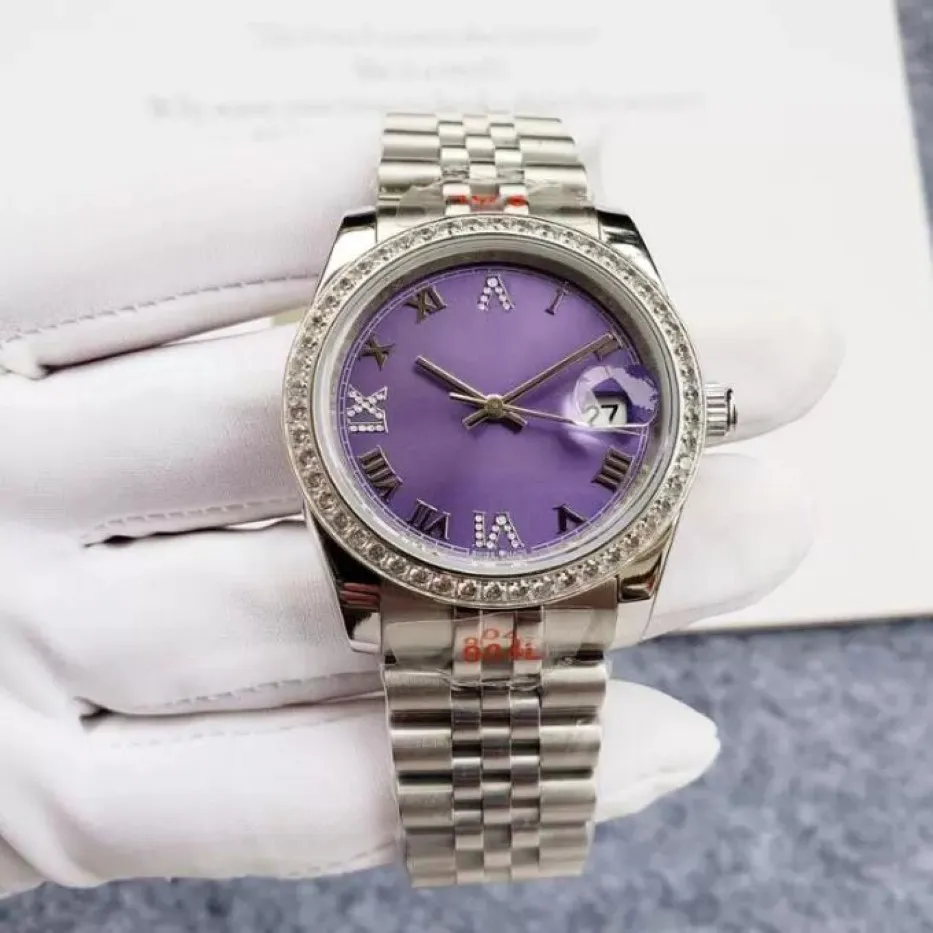 U1 Watch for Men 36 mm Purple Face entièrement automatique Mechanical Diamond lunette Watch Fashion Wrist Wrists Girl Gift 300T