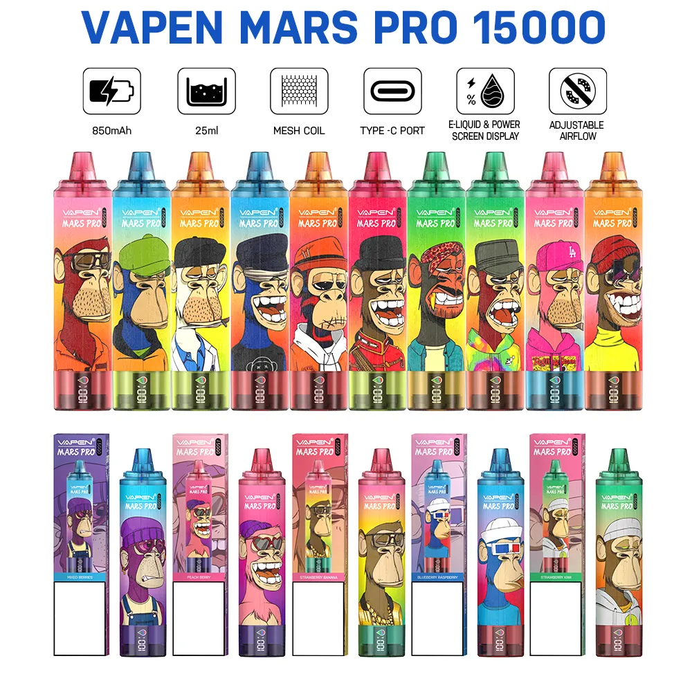 Vapen Mars Pro 15000 15K Puffs Торнадо одноразовые E -сигареты Vape Pen 25 мл Pod 850MAH Аккуратный экран дисплея Vaper Desechable Vapes Puff 15k