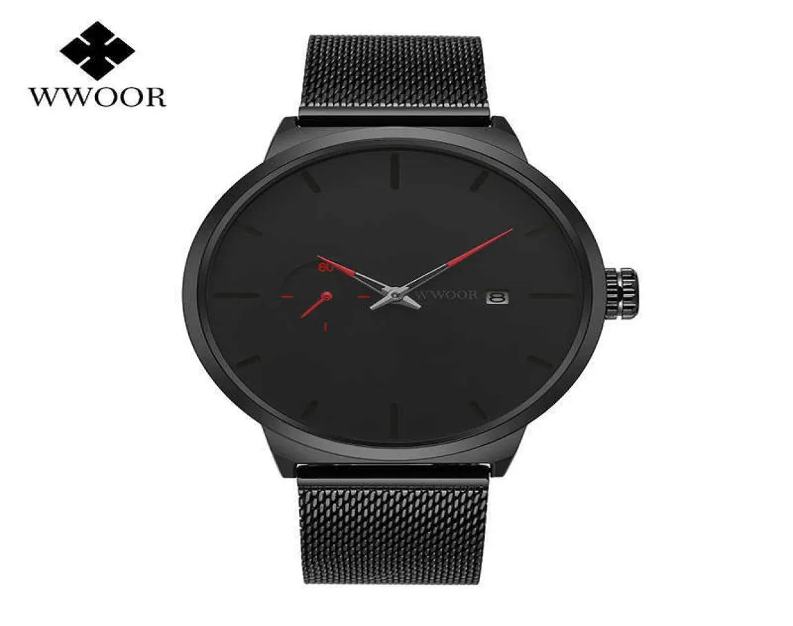 Wwoor Fashion Black Watch for Men Top Brand Roestvrij staal Quartz Polshorloge mannen Minimalisme Casual Clock Relogio Masculino 210603283577