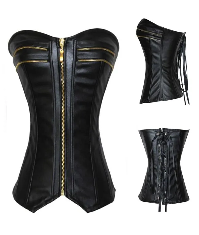 Steampunk Sexy Black Faux Leather Overbust Halter Corset Top Waist Corselet Burlesque Costume Push Up Corsets7643784