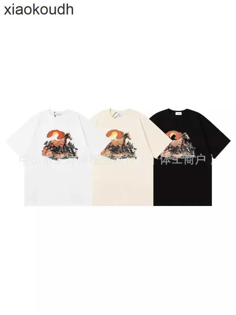 RHUDE High End Designer T-shirts para verão Novo Horse Sunset Print Trendy T-shirt High Street Mens e Mangas Curtas com Rótulos Originais 1: 1