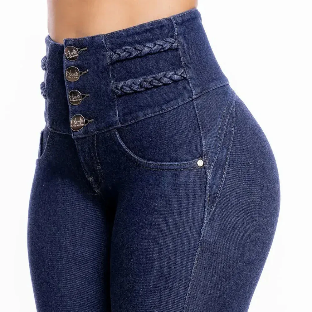 Smala jeans för kvinnor stretchgrå och blå denim Sexig hög midja Slim Female Fashion Office Trendy midja Vintage Pants 240510