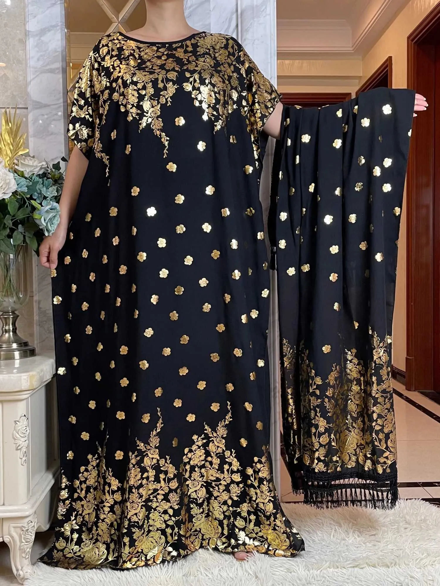 Ubranie etniczne Najnowsza muzułmańska sukienka Ramadan Eid z dużym szalikiem Kobiety luźne bawełniane maxi szatę femme muulmane afrykańskie złoto stemplowanie loral Abaya T240510