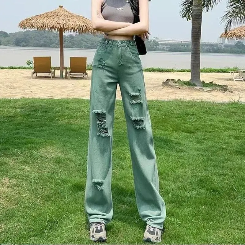 Kadınlar Kotları İnce Baharatlı Kız Gösteriliyor Geniş Bacaklı Pantolon Ayarlanabilir Yeşil Düz Bacak Yırılmış Yaz Bahar Denim Pantolon