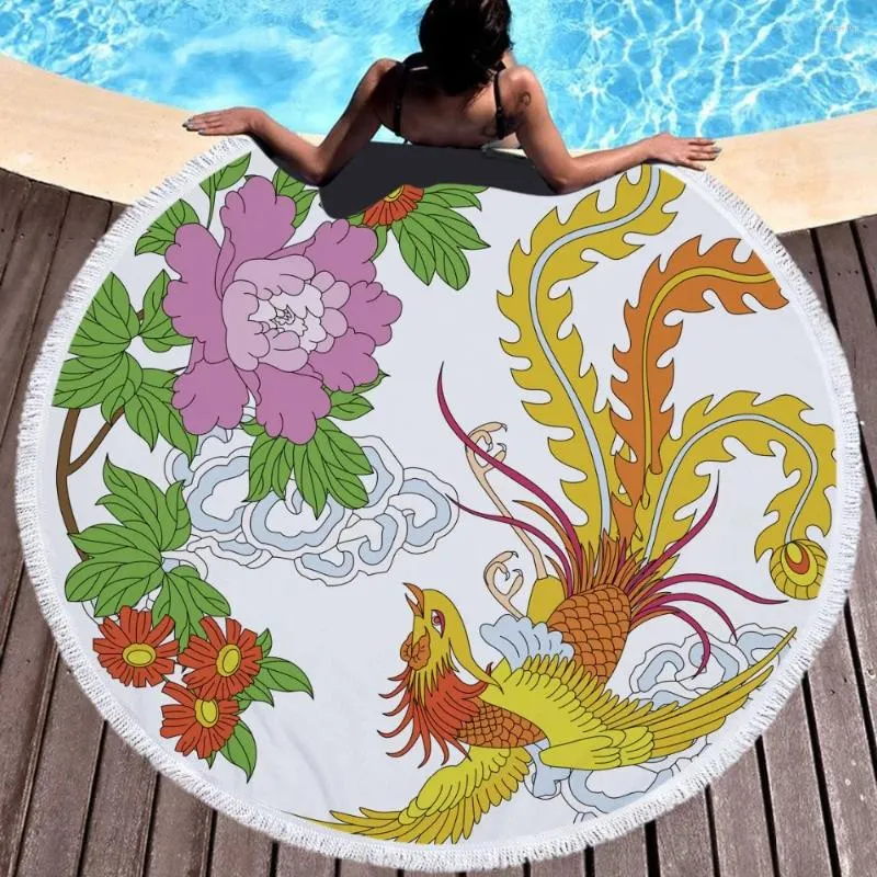 Serviette phoenix et fleurs imprimées grandes plages rondes microfibre micro-salle de bain soft yoga tapis 150 cm couverture absorbante tapisserie
