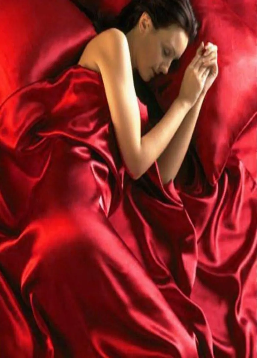 Conjunto de cama de cetim tamanho queen size lenço de seda vermelho de seda vermelha com faixa elástica lençóis e travesseiros