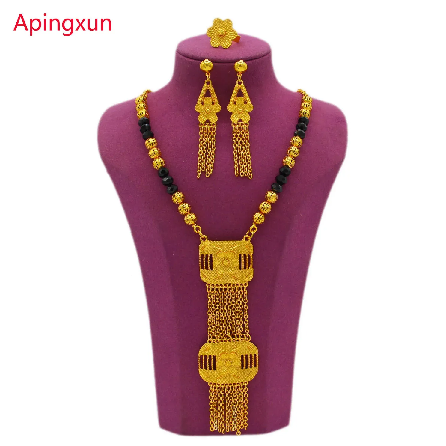 Apingxun Style Dubai 24K Gold Farbe Schwarz Stein Halskette Ohrring Ring Set African Arab Women Braut Hochzeit Schmuck 240506