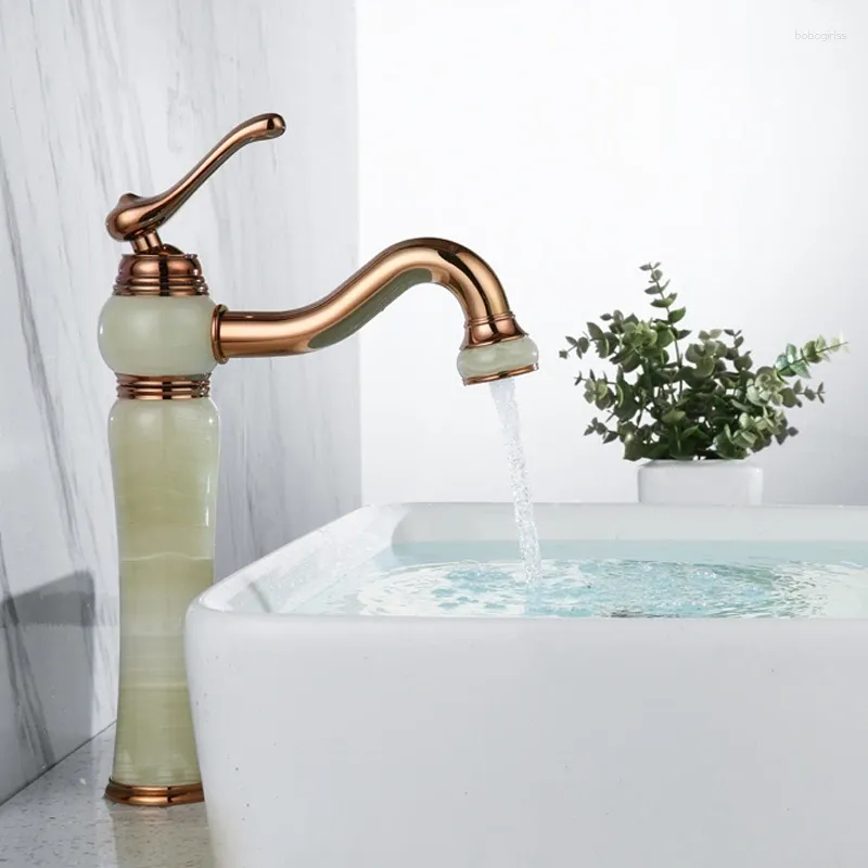 Robinets d'évier de salle de bain Luxury Rose Gol en laiton Natural Jade Robinet High Art Basin Taps Taps Robinet des toilettes à poignée unique - SM5312