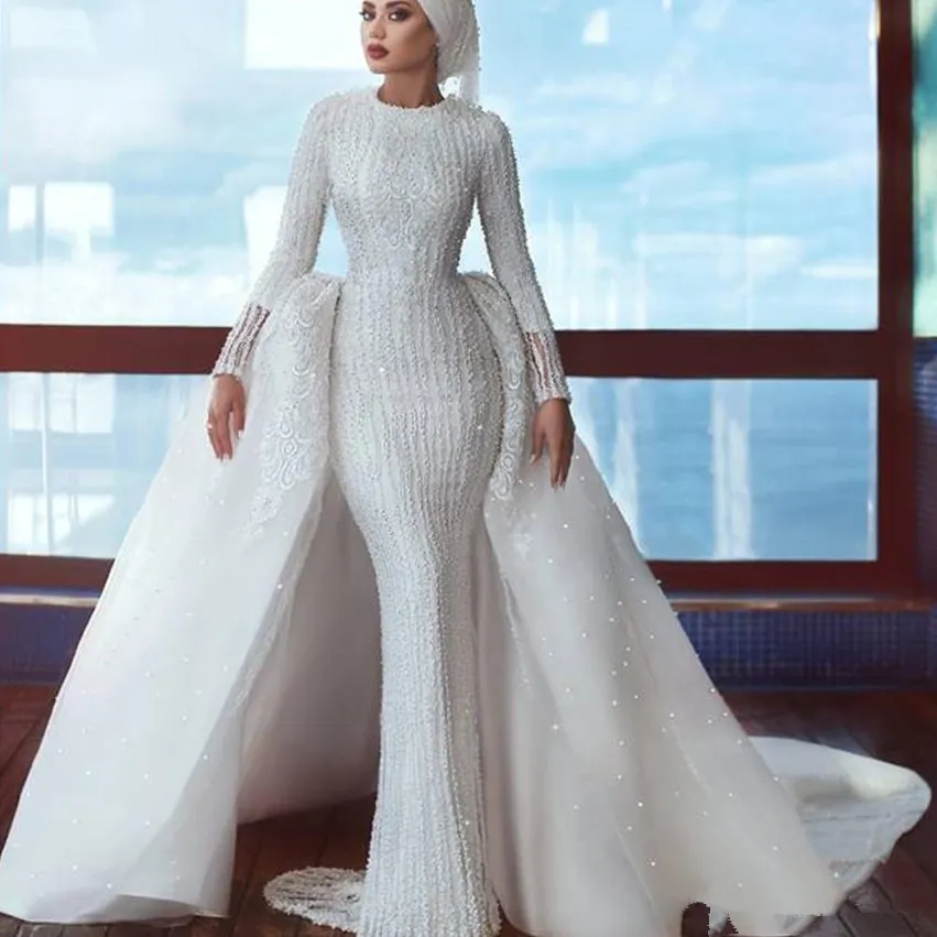 Abiti da sposa hijab in Arabia Saudita con paillettes da perline ridotte staccabili a maniche lunghe abiti da sposa musulmani 286Y