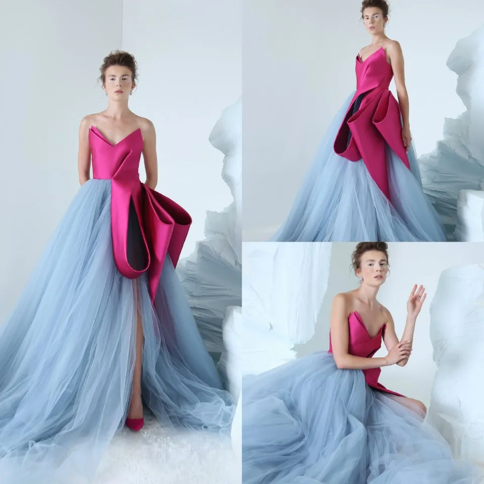 2019 Azziosta Magnifique robes de bal V couche Vou de luxe Ruffles côté partage tulle robe de soirée