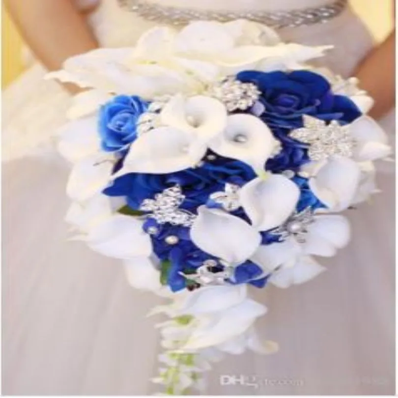 2018 high set white calla lily blue rose hydrangea DIY pearl crystal brooch waterfall wedding bridal bouquet 260a