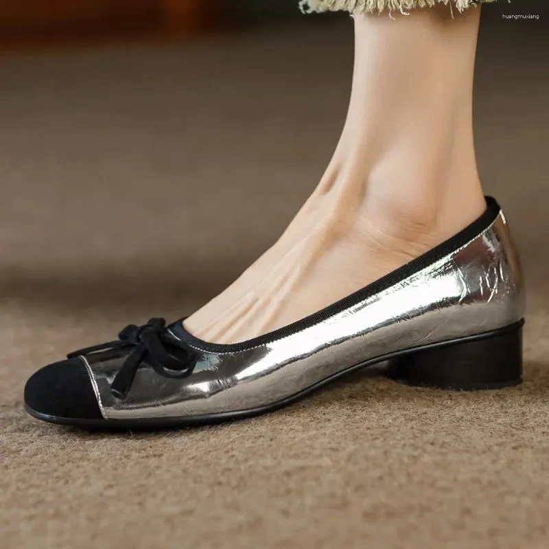 Chaussures décontractées en cuir véritable en cuir or argent mélange couleur patchwork plaque à glissière Slip-on Flats doux confortable Bowtie Sweet Bowtie Ballerinas