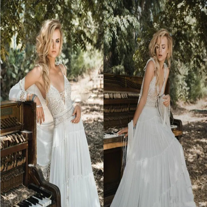 Inbal Raviv une ligne robes de mariée bohème spaghetti en dentelle en mousseline V