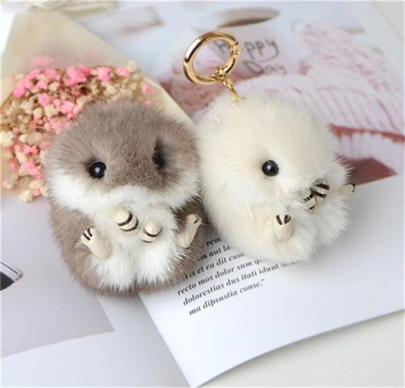 Real äkta Mink Fur Hamster Mouse Toy Doll Pompom Ball Bag Charm Keychain Pendant Keyring9304947